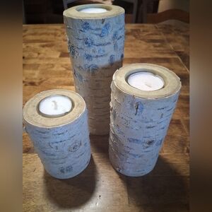 Rustic Birch Wood Faux Votive Candle Holders - Set of 3